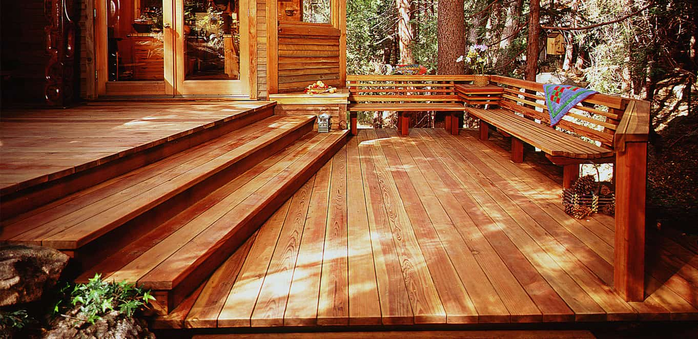 Redwood deck with steps and built-in seating